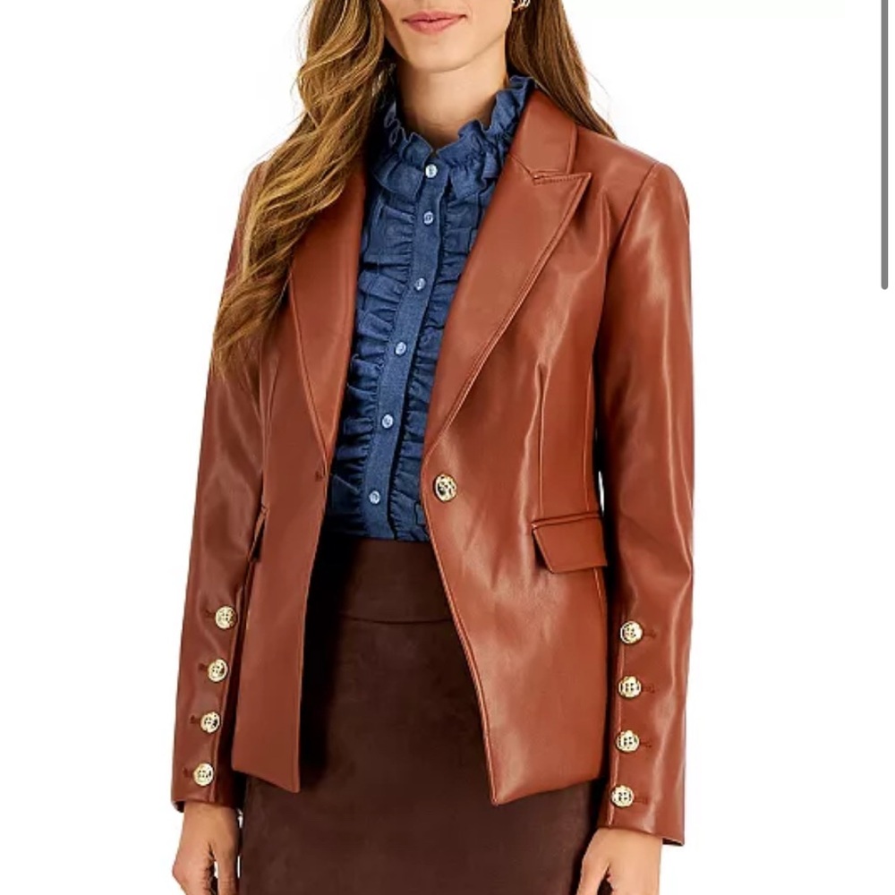 NWT Tahari ASL Cognac Faux Leather Blazer with Gold Buttons